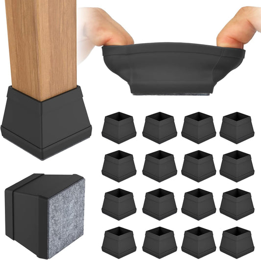 16 PCS Square Chair Leg Floor Protector, Silicone Chair Leg Cover, Furniture Leg Protectors with Felt, Mobile Table Leg pad, Protect The Floor from Scratches.1 in Black.