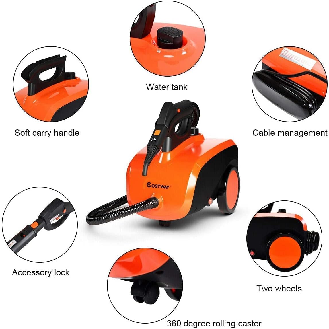 COSTWAY Multipurpose Steam Cleaner with 19 Accessories, Heavy Duty Household Steamer Chemical-Free Cleaning, 1.5L Dual-Tank Rolling Cleaning Machine for Carpet, Floor, Window and Car, Orange+Black