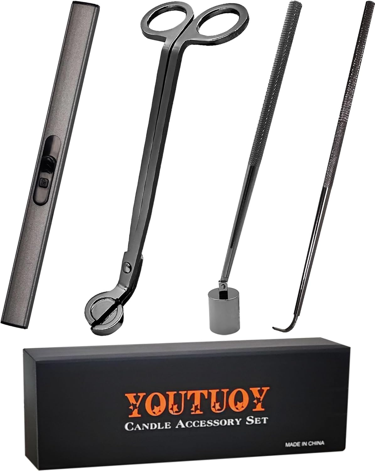 4 in1 Candle Accessory Set with Rechargeable Candle Lighter, Candle Wick Trimmer, Candle Wick Snuffer, Candle Wick Dipper, Candle Care Kit (Silver Black)
