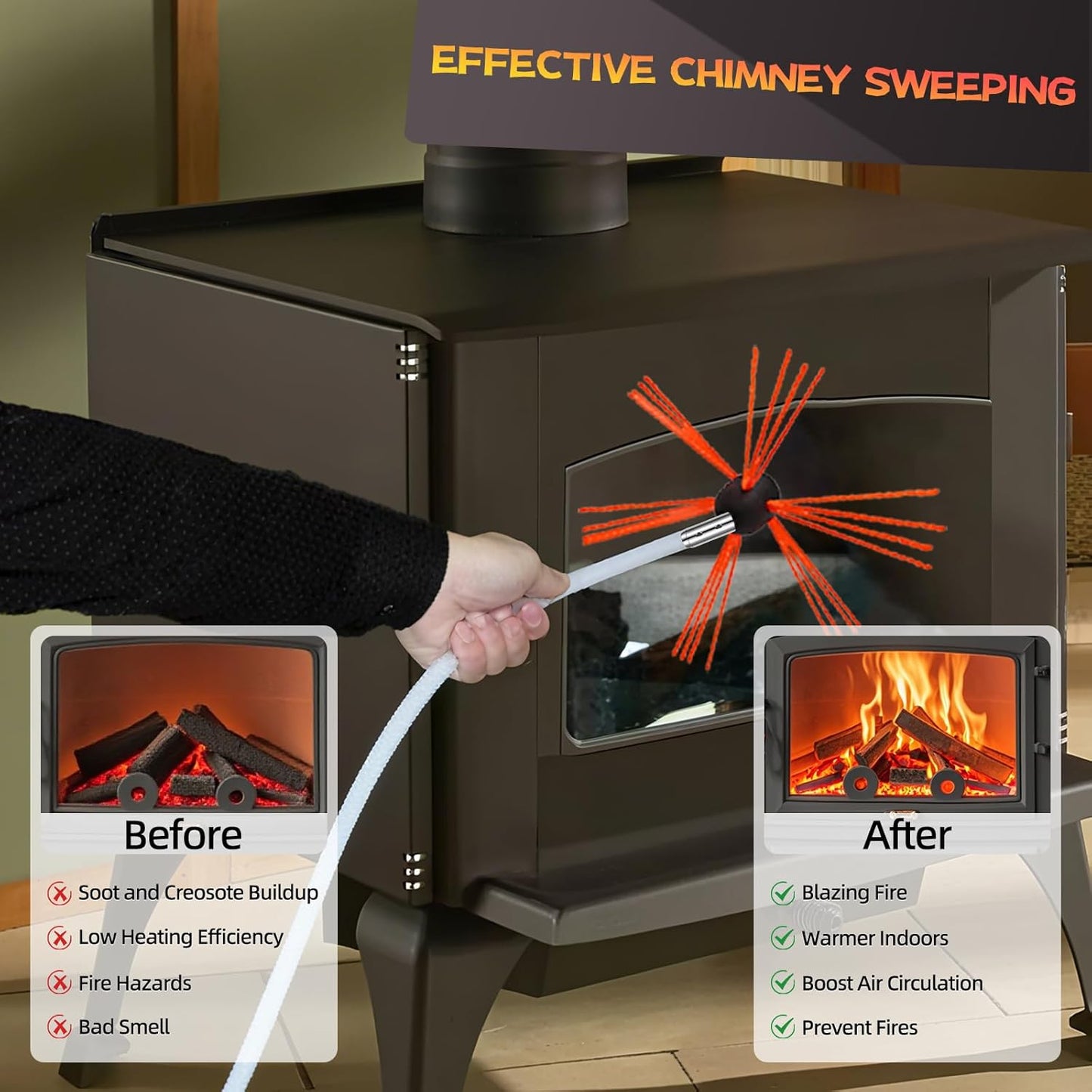 Chimney Sweep Kit - 33 Feet, 10 Flexible Rods, Brush & Drill-Driven Rotary System