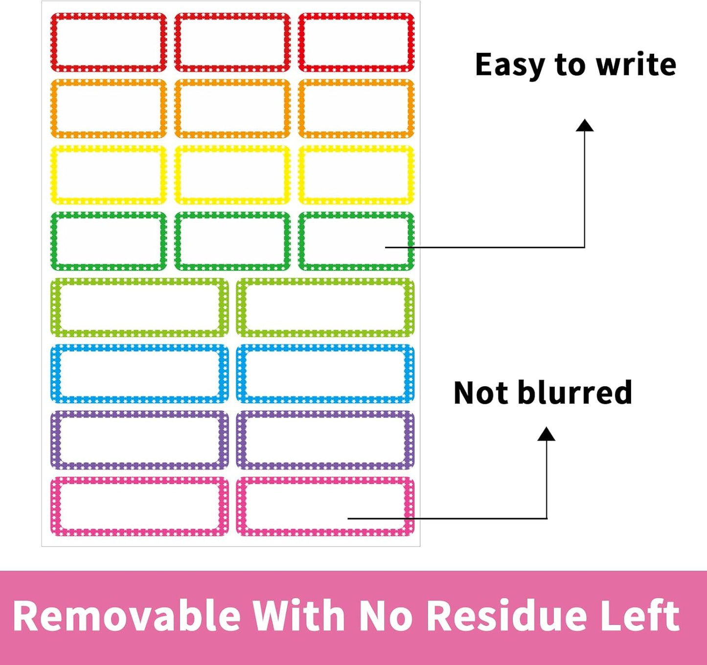 Removable Colored Labels Stickers, Self-Adhesive Rectangular Stickers Star Border Water/Oil/Tear Resistant for Storage/Classroom/Home (2 Size, 300 Labels)