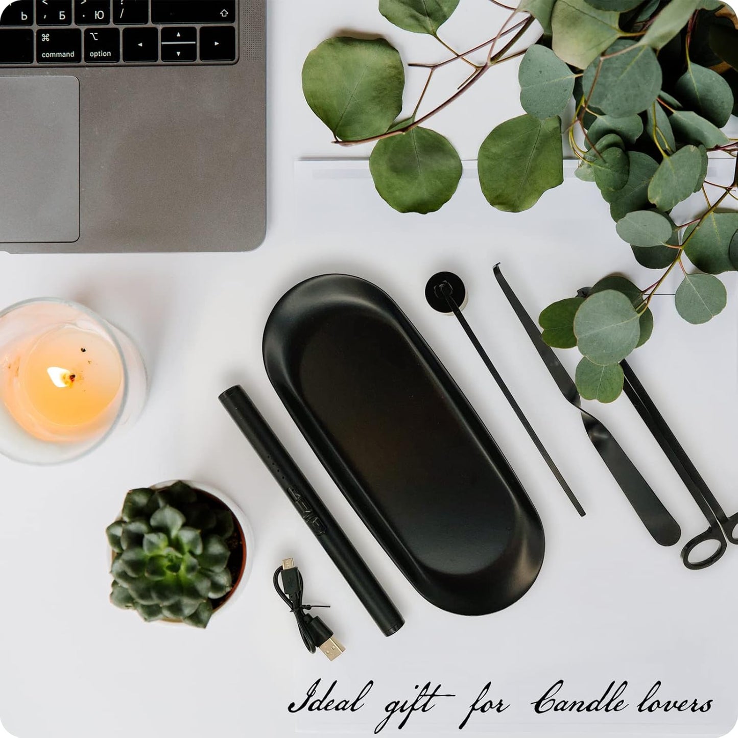 Exquisite Candle Accessories Tool Pack Bag, Rechargeable Electric Lighter， Wick Trimmer, Dipper, Snuffer and Tray Holder Elegant Kit Gift for Candle Lovers in Dating, Valentines Decor. ( Lemon Gold )