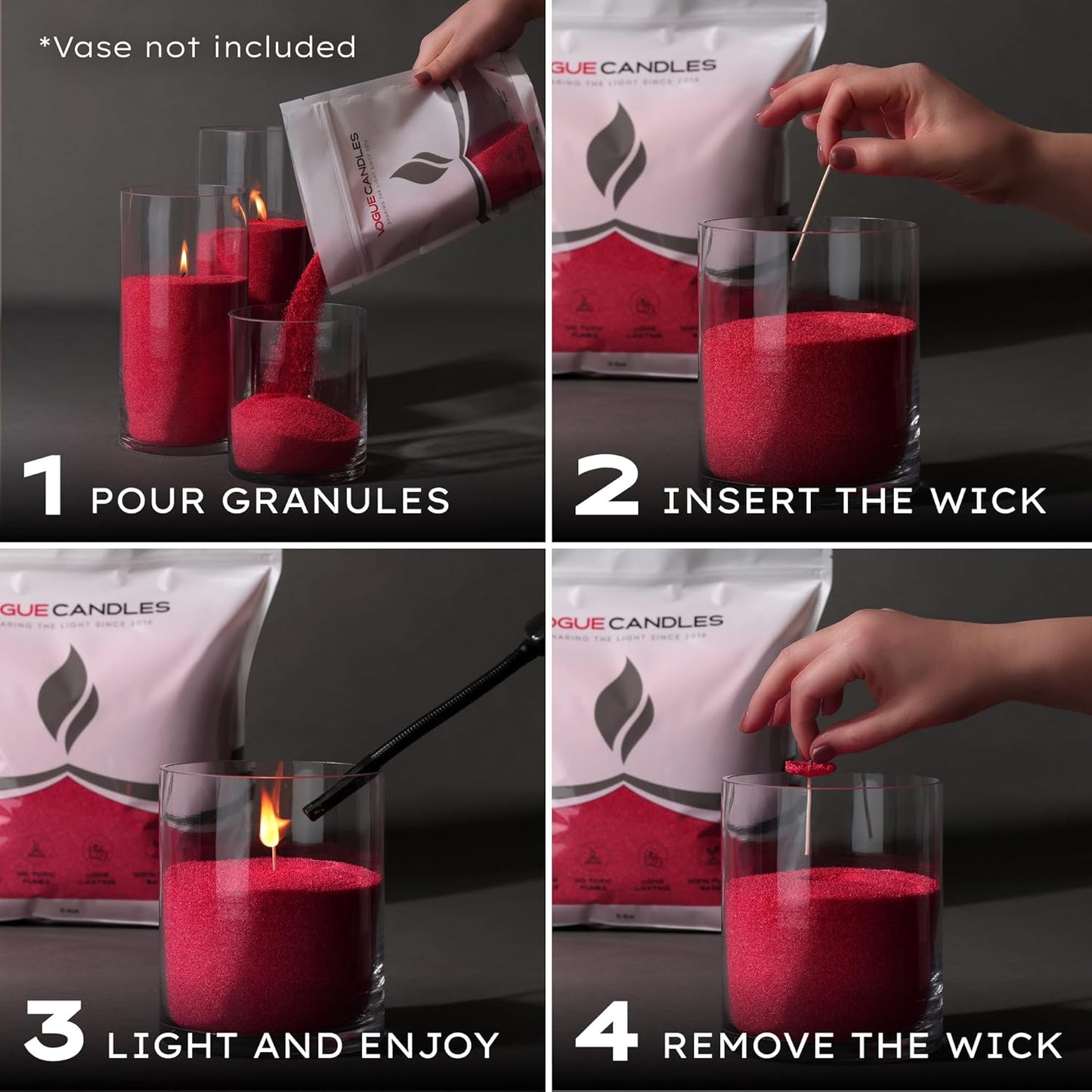 Vogue Candles 5LB Candle Sand with 50 Wicks | Bulk Refillable Plant-Based Granules for Custom Candle Making | Unscented, Clean Burn, Smoke-Free, Vegan Candle Refill Kit- Red