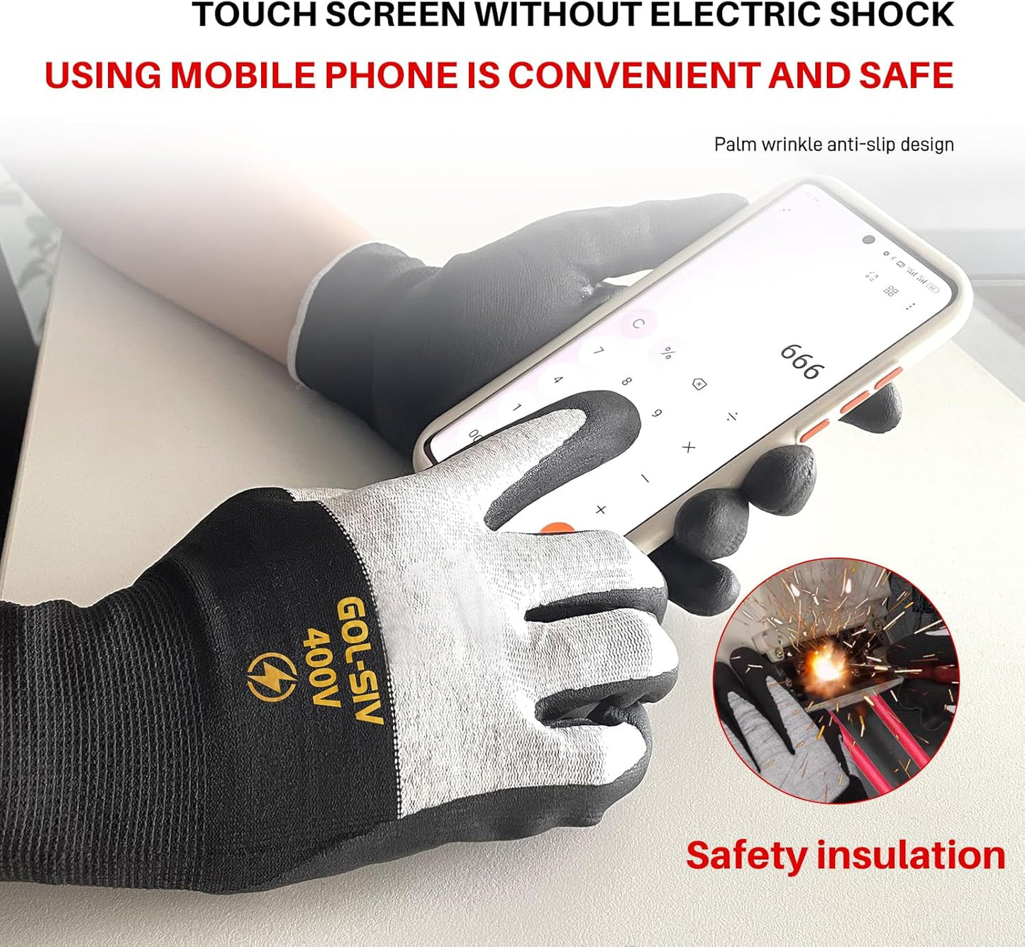 400V Electrician Gloves - Insulated Electrical Gloves For Electrician,Flame Retardant,Rubber Safety Non Slip Work Gloves,Low Voltage,Touch Screen (Black,Large)