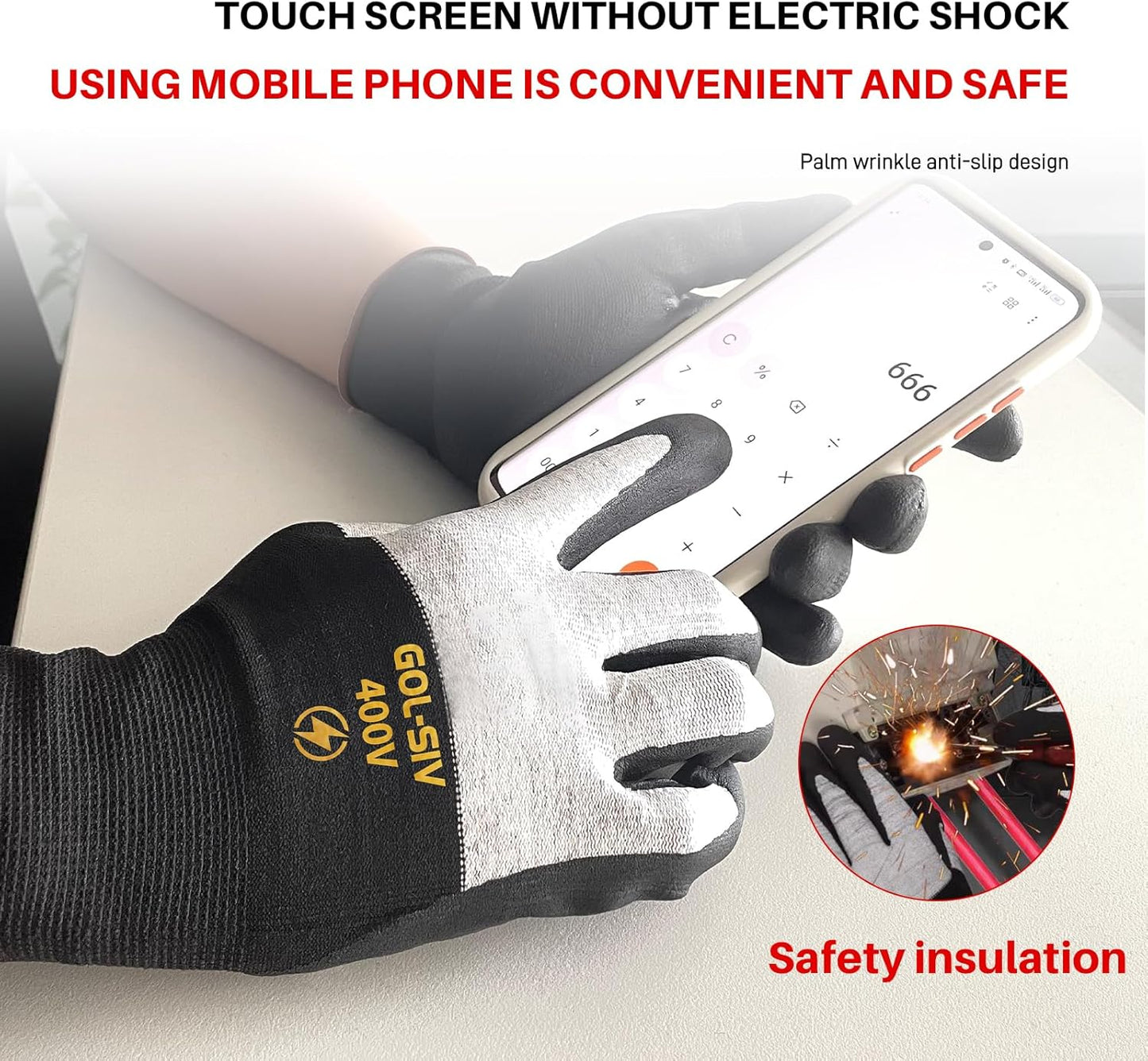 400V Electrical Gloves For Electrician XL - Flame Retardant,Low Voltage Insulated Safety Work Gloves,Rubber Non Slip,Touch Screen Grip
