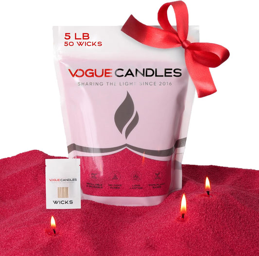 Vogue Candles 5LB Candle Sand with 50 Wicks | Bulk Refillable Plant-Based Granules for Custom Candle Making | Unscented, Clean Burn, Smoke-Free, Vegan Candle Refill Kit- Red