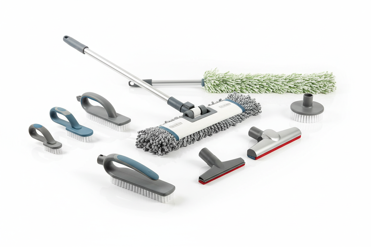 Innovative mops, brushes, dusters, and vacuum accessories that make cleaning effortless. (make it real photo)